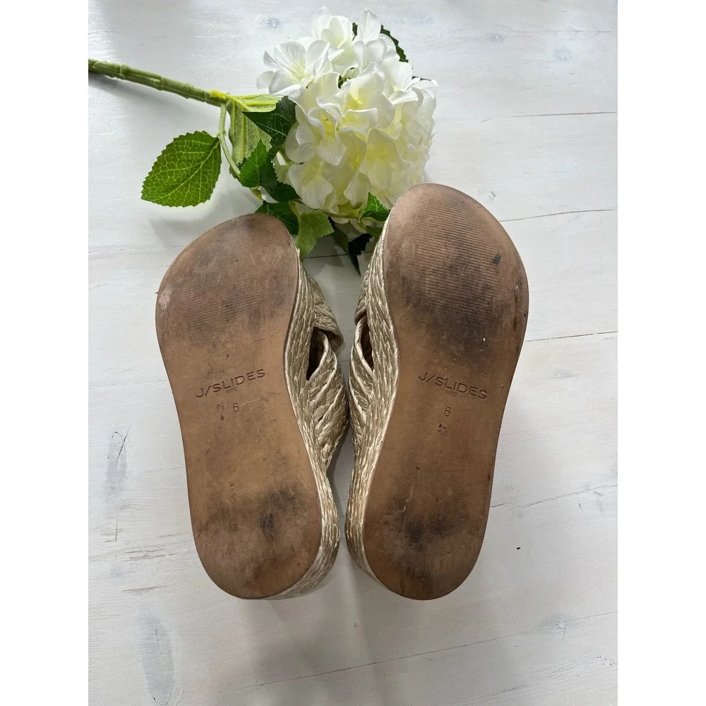 J/Slides NYC Gold Woven Cross Strap Platform Wedge‎ Sandals